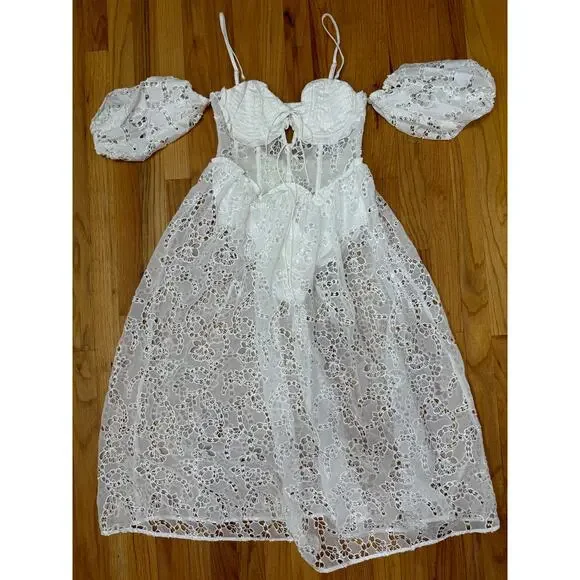 For Love & Lemons Romi Midi‎ Dress in White Small Floral Eyelet Puff Sleeve
